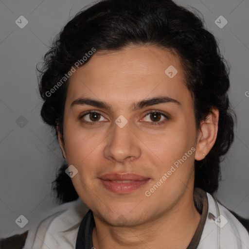 Joyful latino young-adult female with medium  brown hair and brown eyes