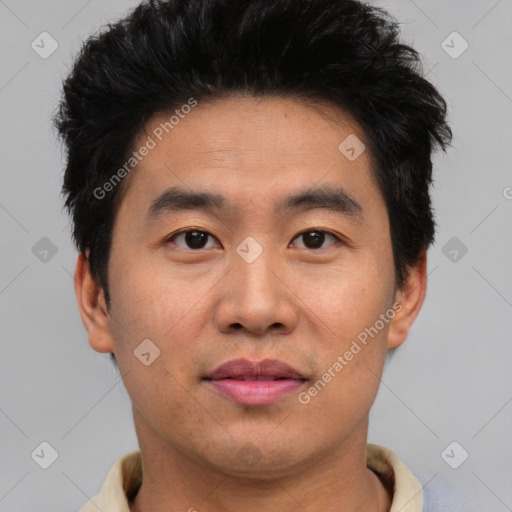 Neutral asian young-adult male with short  black hair and brown eyes