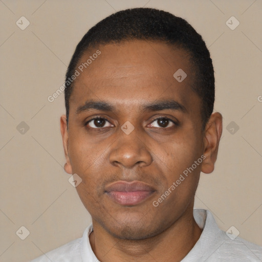Neutral black young-adult male with short  black hair and brown eyes