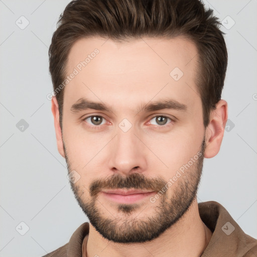 Neutral white young-adult male with short  brown hair and brown eyes