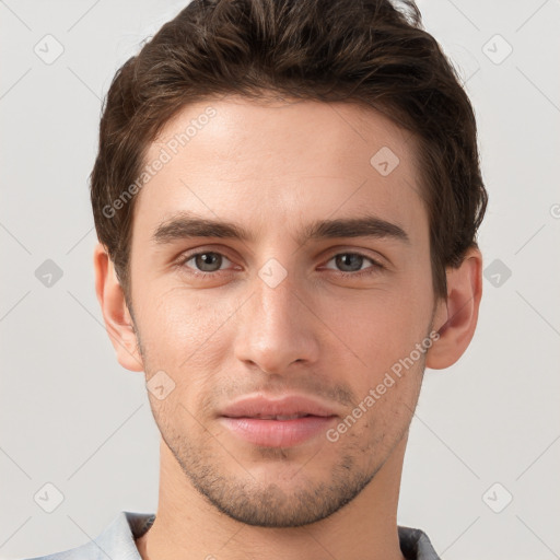 Neutral white young-adult male with short  brown hair and brown eyes