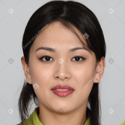 Joyful latino young-adult female with medium  brown hair and brown eyes