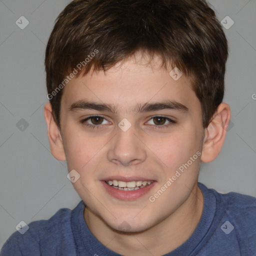 Joyful white child male with short  brown hair and brown eyes