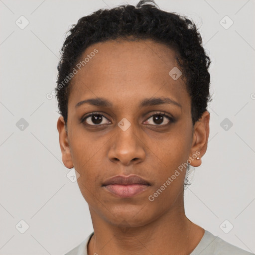 Neutral black young-adult female with short  brown hair and brown eyes