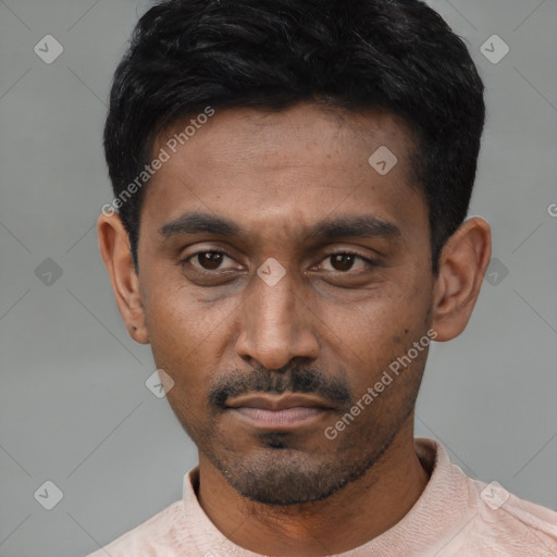 Neutral latino young-adult male with short  black hair and brown eyes
