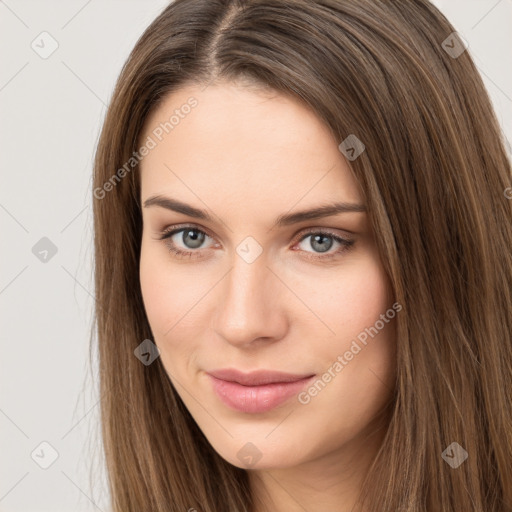 Neutral white young-adult female with long  brown hair and brown eyes