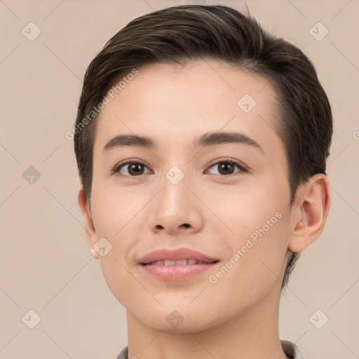 Joyful white young-adult female with short  brown hair and brown eyes