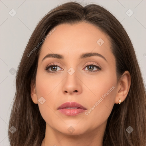 Neutral white young-adult female with long  brown hair and brown eyes