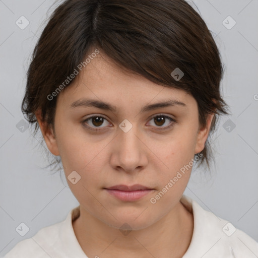 Neutral white young-adult female with medium  brown hair and brown eyes