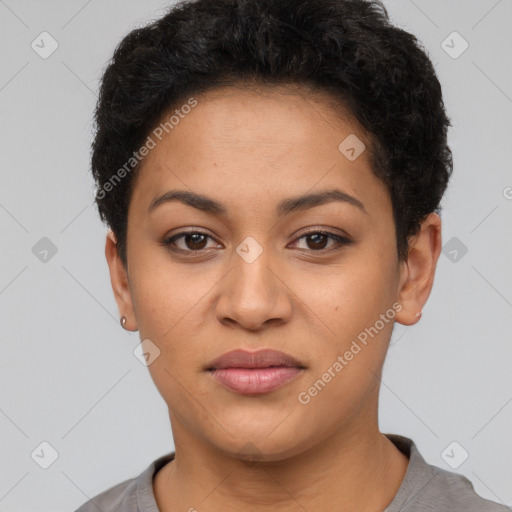 Joyful latino young-adult female with short  black hair and brown eyes