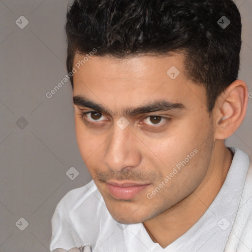 Neutral white young-adult male with short  brown hair and brown eyes