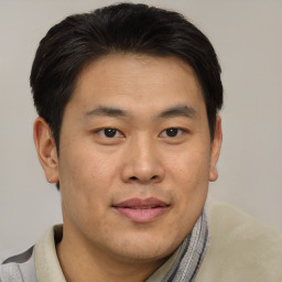 Joyful asian young-adult male with short  brown hair and brown eyes