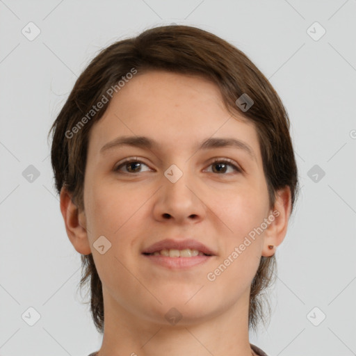 Joyful white young-adult female with medium  brown hair and brown eyes