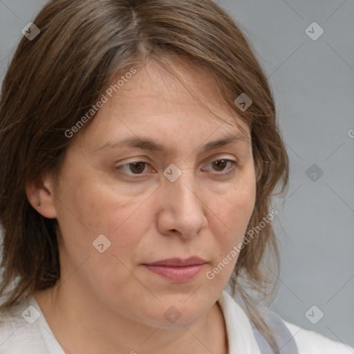 Neutral white adult female with medium  brown hair and grey eyes