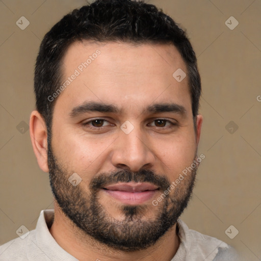 Joyful white young-adult male with short  black hair and brown eyes