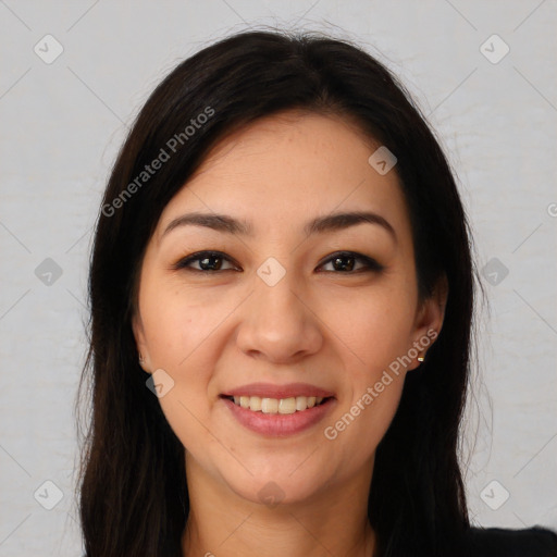 Joyful white young-adult female with long  brown hair and brown eyes