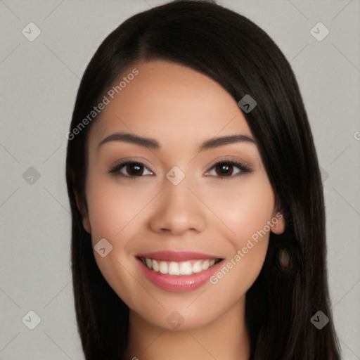 Joyful white young-adult female with long  black hair and brown eyes