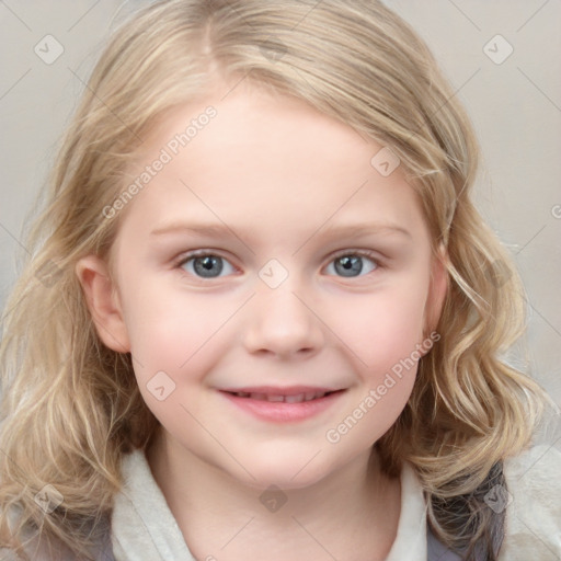 Joyful white child female with medium  brown hair and blue eyes