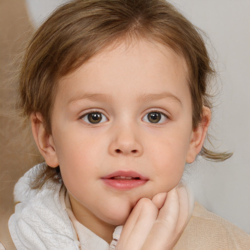 Neutral white child female with medium  brown hair and blue eyes