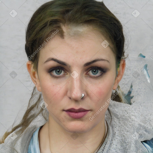 Neutral white young-adult female with medium  brown hair and blue eyes