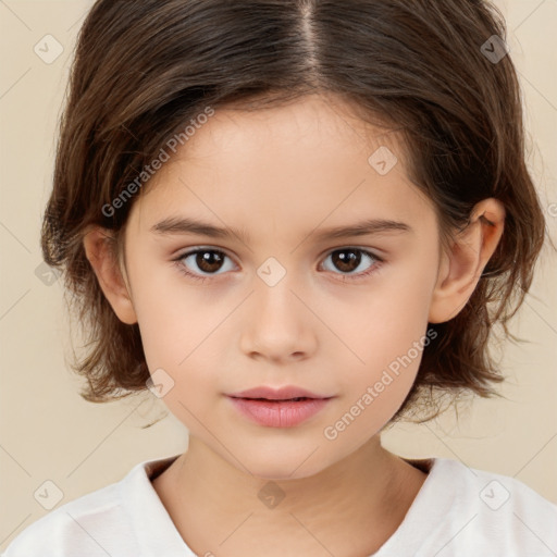 Joyful white child female with medium  brown hair and brown eyes