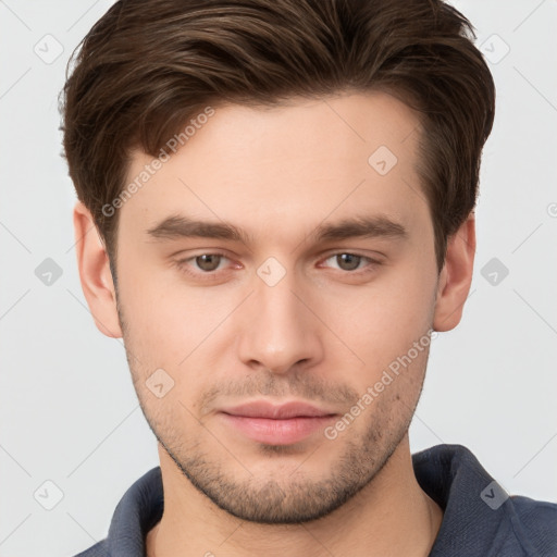 Neutral white young-adult male with short  brown hair and brown eyes