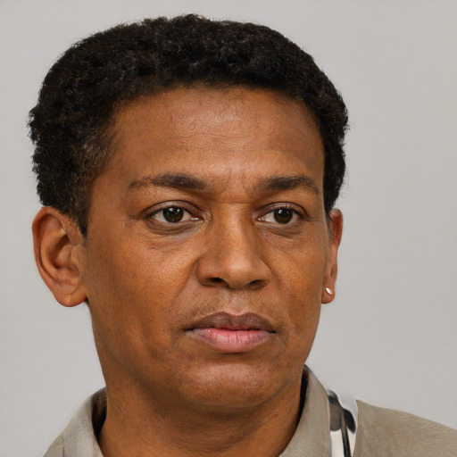 Neutral black adult male with short  brown hair and brown eyes