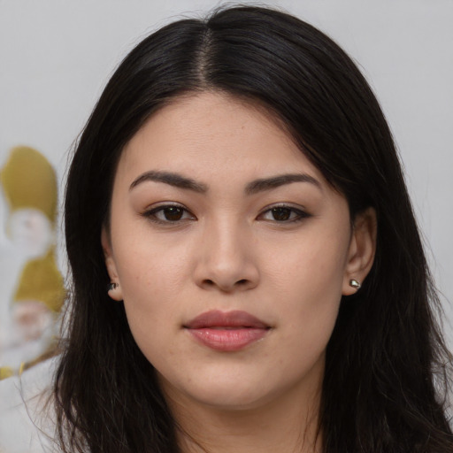 Neutral asian young-adult female with long  brown hair and brown eyes