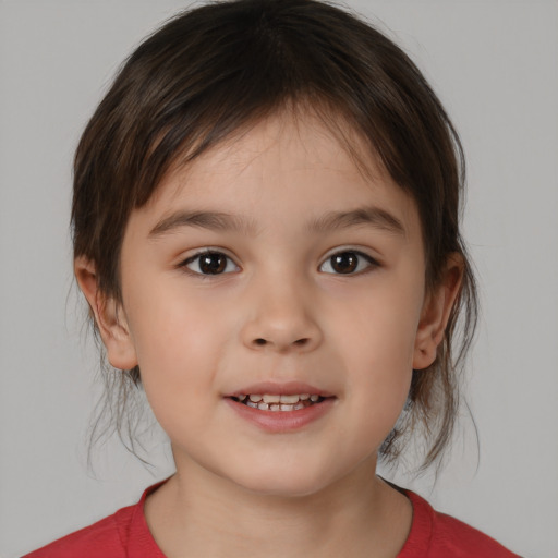 Joyful white child female with medium  brown hair and brown eyes