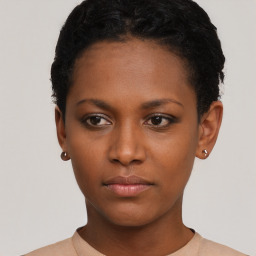 Neutral black young-adult female with short  black hair and brown eyes