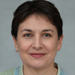 Joyful white adult female with short  brown hair and brown eyes