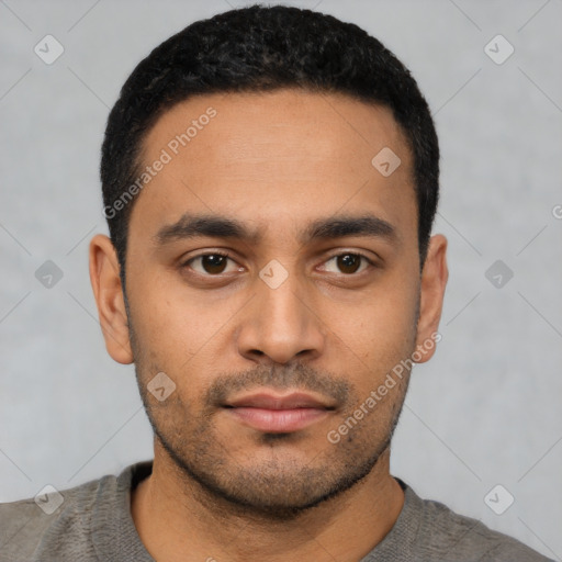 Neutral latino young-adult male with short  black hair and brown eyes