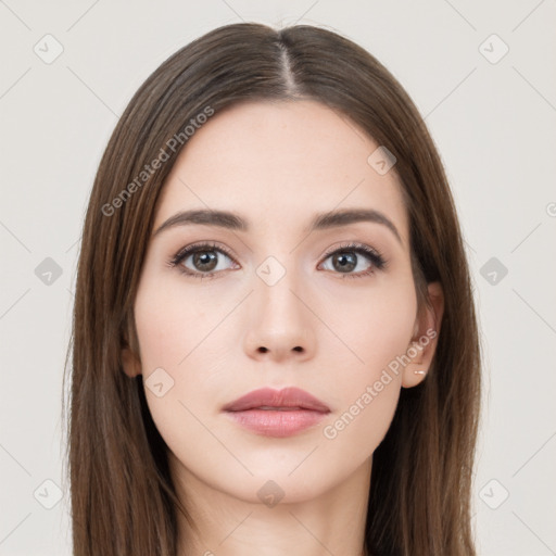 Neutral white young-adult female with long  brown hair and brown eyes