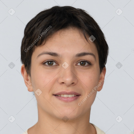 Joyful white young-adult female with short  brown hair and brown eyes