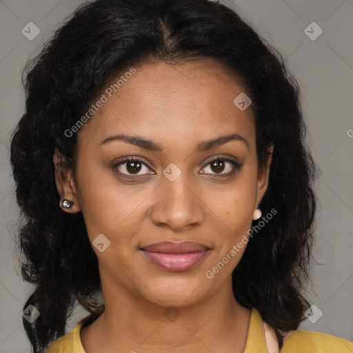 Joyful black young-adult female with medium  brown hair and brown eyes