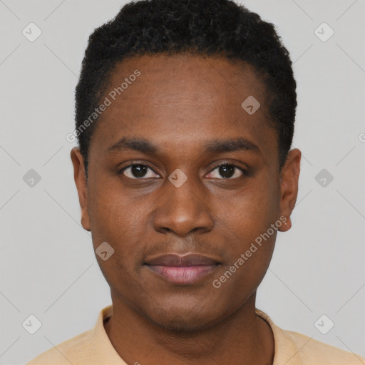 Neutral black young-adult male with short  black hair and brown eyes
