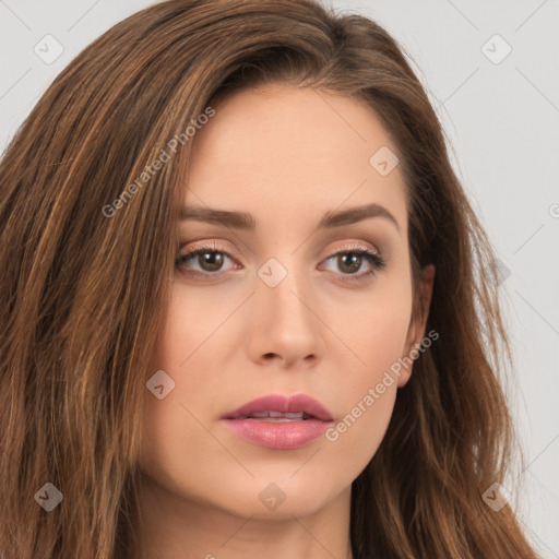 Neutral white young-adult female with long  brown hair and brown eyes