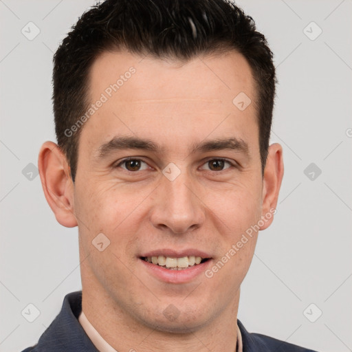 Joyful white young-adult male with short  brown hair and brown eyes