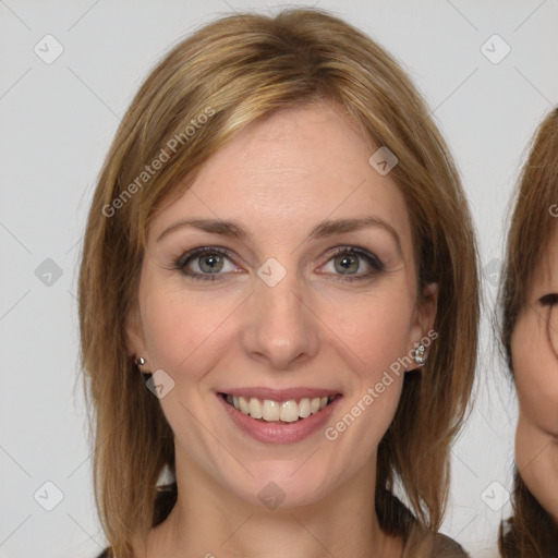 Joyful white young-adult female with medium  brown hair and grey eyes