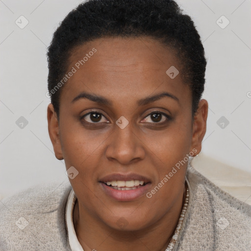 Joyful black young-adult female with short  brown hair and brown eyes