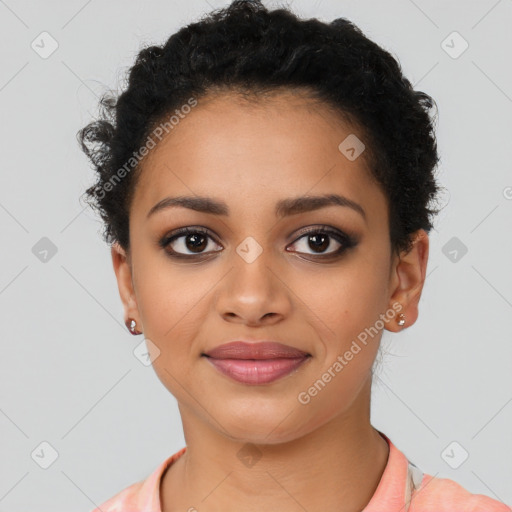 Joyful latino young-adult female with short  black hair and brown eyes