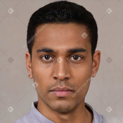 Neutral latino young-adult male with short  black hair and brown eyes