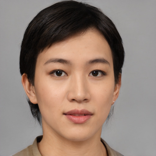 Neutral asian young-adult female with medium  black hair and brown eyes