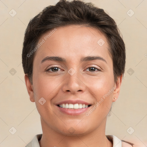 Joyful white young-adult female with short  brown hair and brown eyes