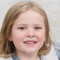 Joyful white child female with medium  brown hair and blue eyes