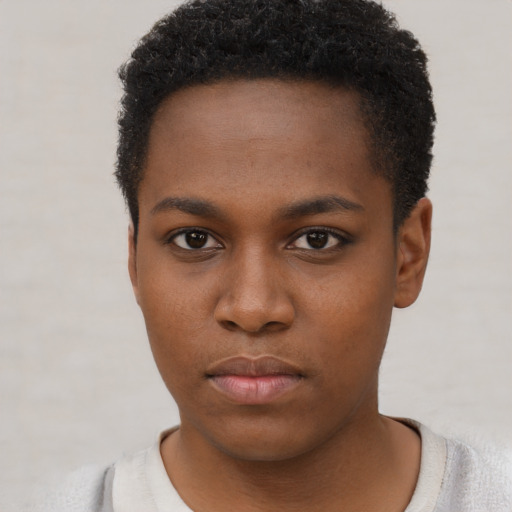 Neutral black young-adult female with short  brown hair and brown eyes
