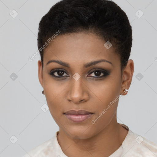 Neutral black young-adult female with short  brown hair and brown eyes