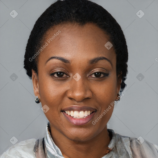 Joyful black young-adult female with short  black hair and brown eyes