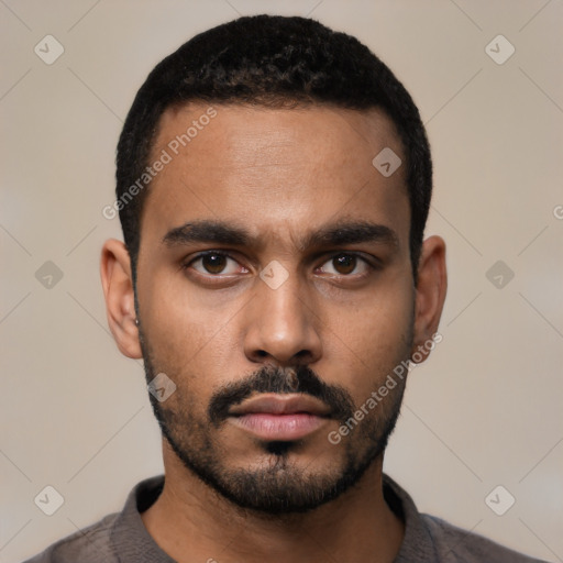 Neutral latino young-adult male with short  black hair and brown eyes