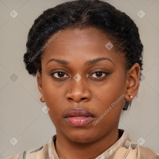 Neutral black young-adult female with short  brown hair and brown eyes